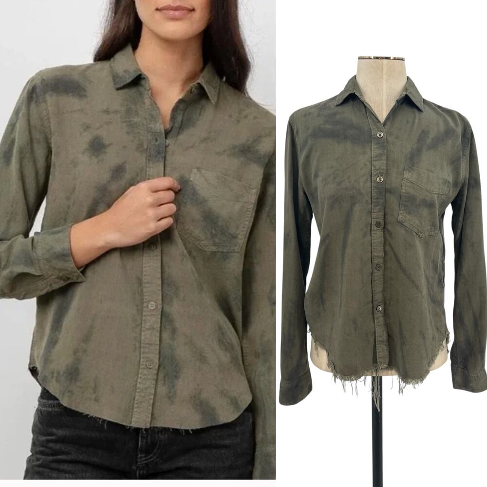 Rails Ingrid‎ Raw Button Down Shirt Top Tie Dye Olive Green Black Size XS